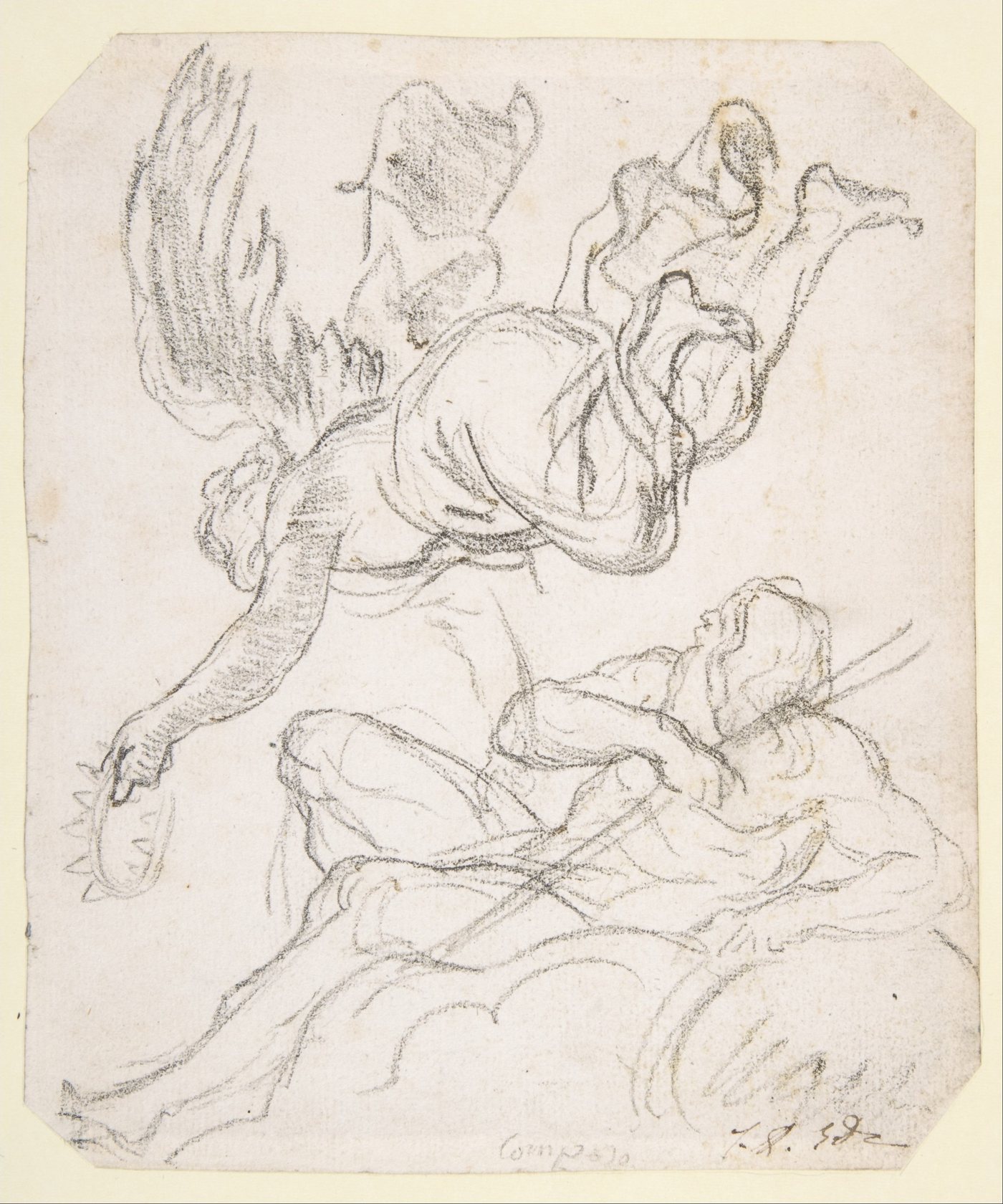 Flying Figure Holding a Crown, Reclining River God, n.d.