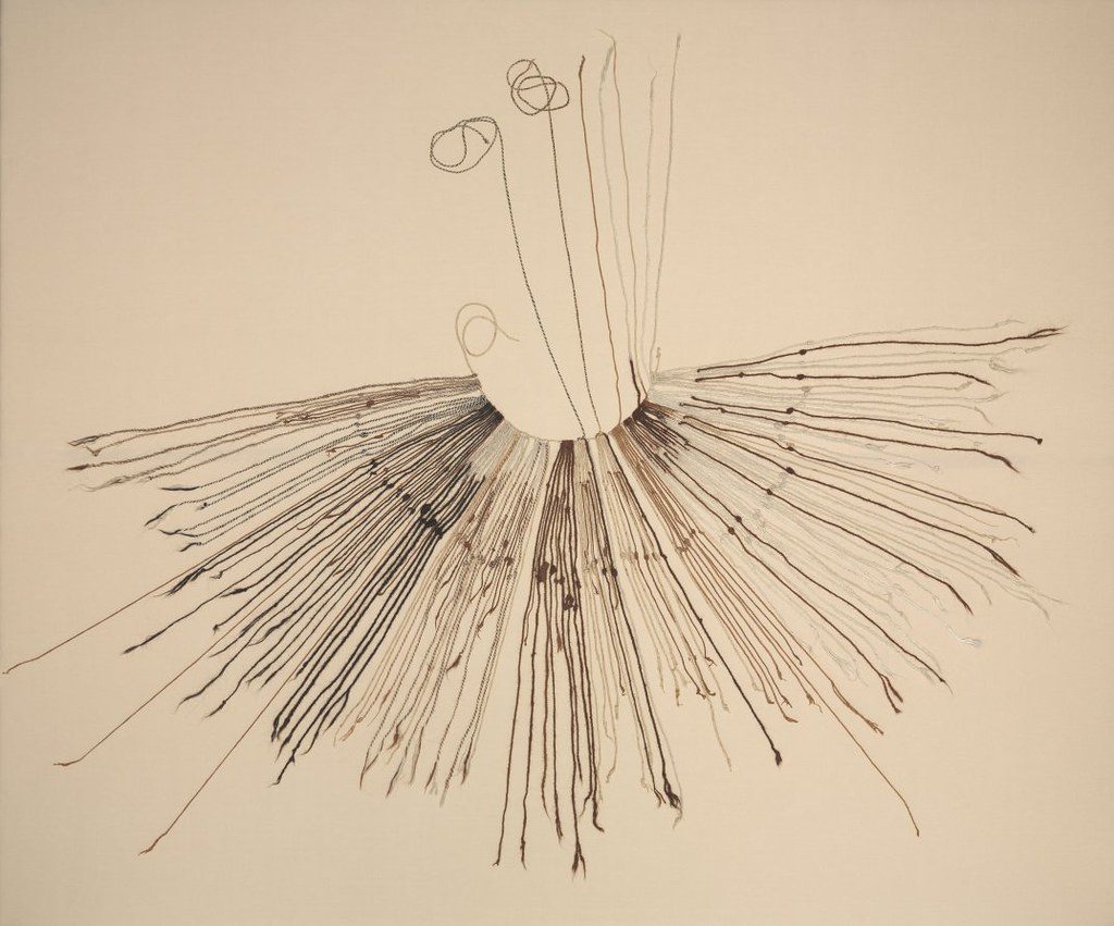 Drawing of an Inka khipu, a bundle of knotted cords hanging from one main cord